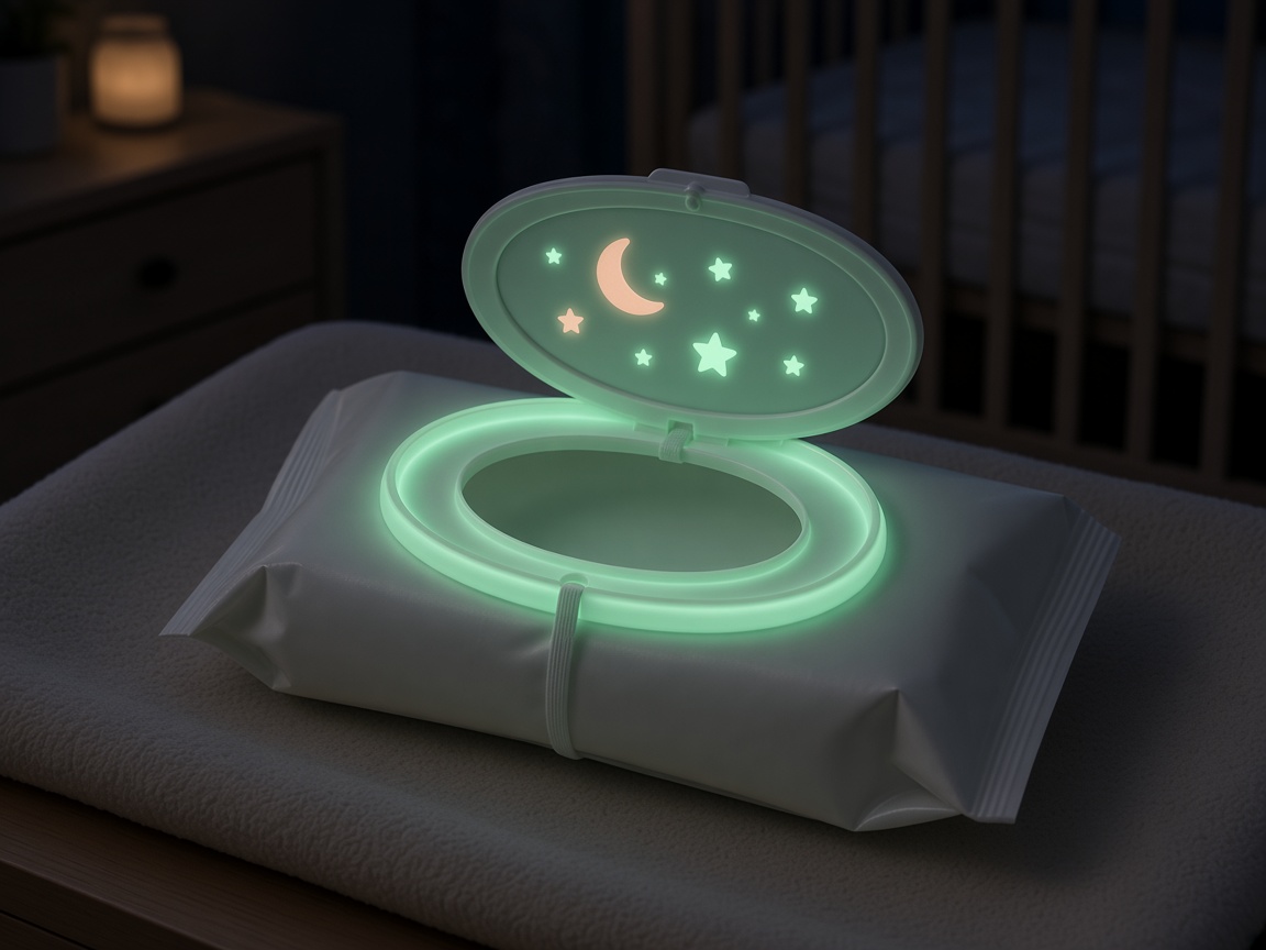 Glow-in-the-dark Wipe Mate lid in a dark nursery