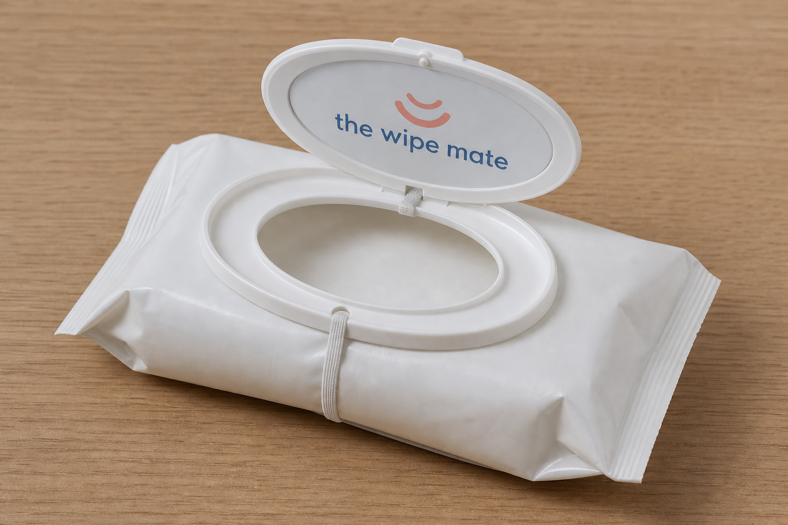 3D render of The Wipe Mate: a white lid on a wipe pack, elastic routed under the pack